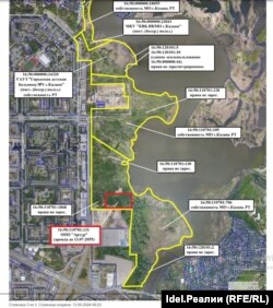 Фрагмент карты из переписки казанских чиновников, на которой обозначены собственники и арендаторы Гавриловской рощи. Участок ООО "Артур" "Idel.Реалии" для наглядности выделили красным прямоугольником