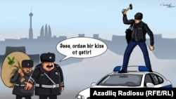 "Polis maşınını çəkiclə əzən". Karikatura. Gündüz Ağayev.