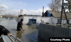 Садовое ауылында 2015 жылы болған тасқын кезінде белуардан су кешіп жүрген тұрғын. Қарағанды облысы, Бұқар жырау ауданы, 15 cәуір 2015 жыл.