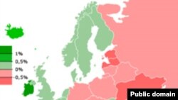 Карта изменения населения в Европе на 2006 год. Зеленый – рост, красный – сокращение